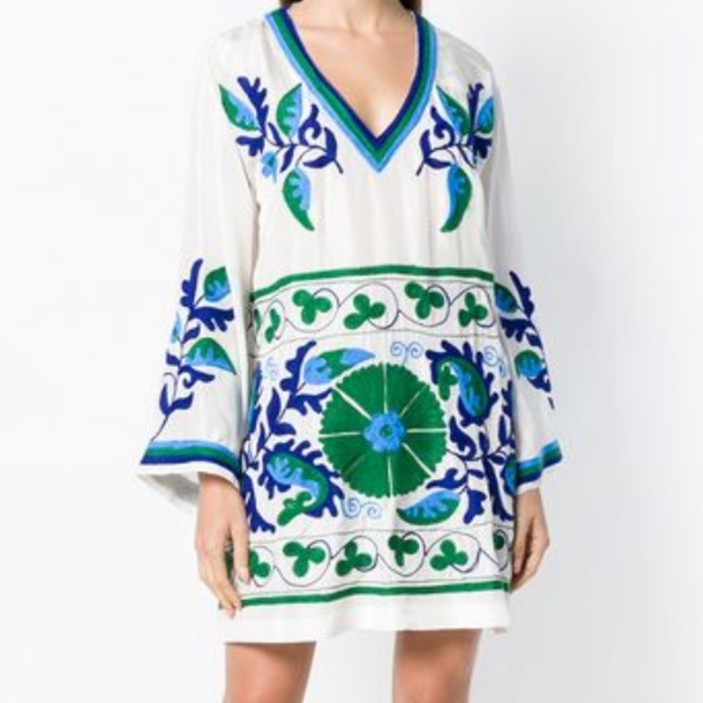 Boho Handmade Mini Dress Embroidered S/M 100%cotton Kelly Green/Blue Retail $208